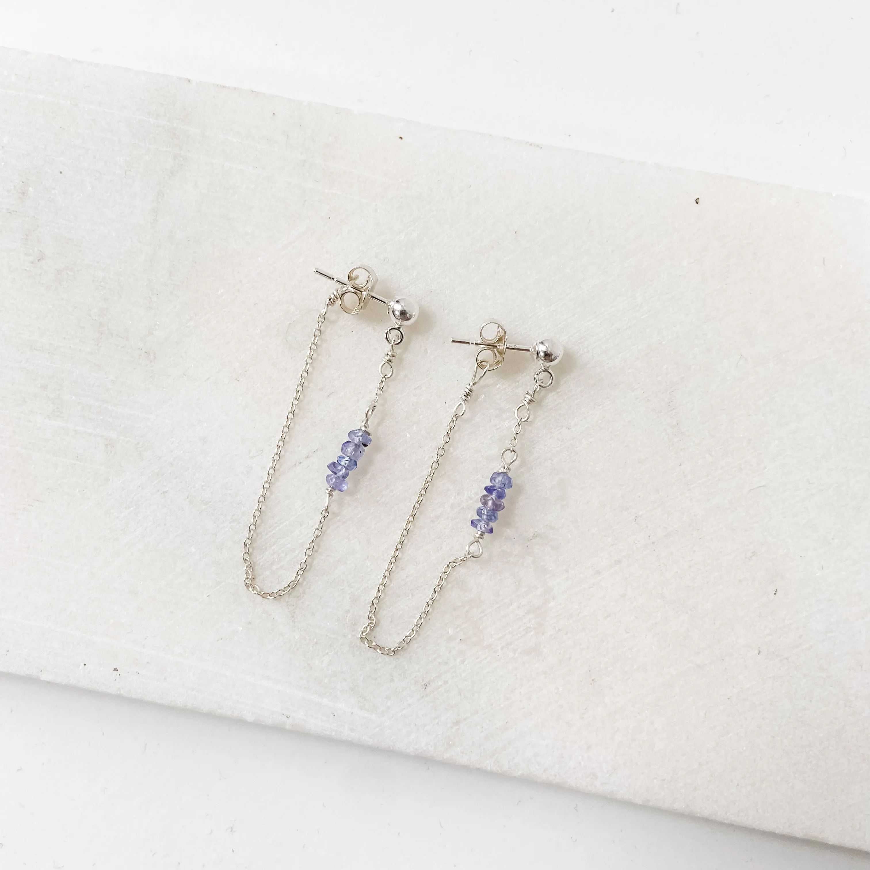 Chain Loop Earrings with Gemstones - Moonstone, Lapis, Iolite