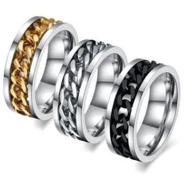 Chain Spinner Ring-Stainless Steel & Titanium Chain Spinner Inset in Gold, Silver or Black Color