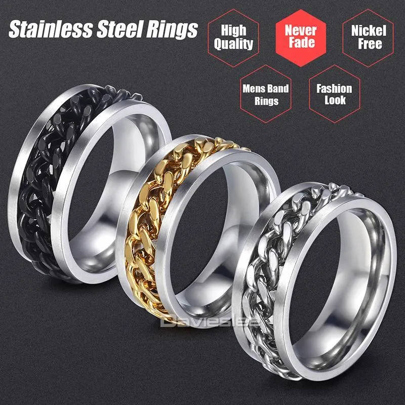 Chain Spinner Ring-Stainless Steel & Titanium Chain Spinner Inset in Gold, Silver or Black Color