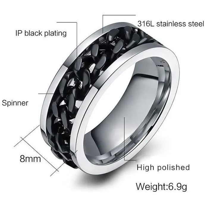 Chain Spinner Ring-Stainless Steel & Titanium Chain Spinner Inset in Gold, Silver or Black Color