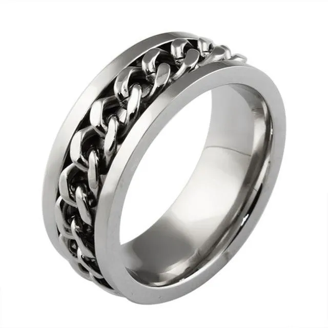 Chain Spinner Ring-Stainless Steel & Titanium Chain Spinner Inset in Gold, Silver or Black Color