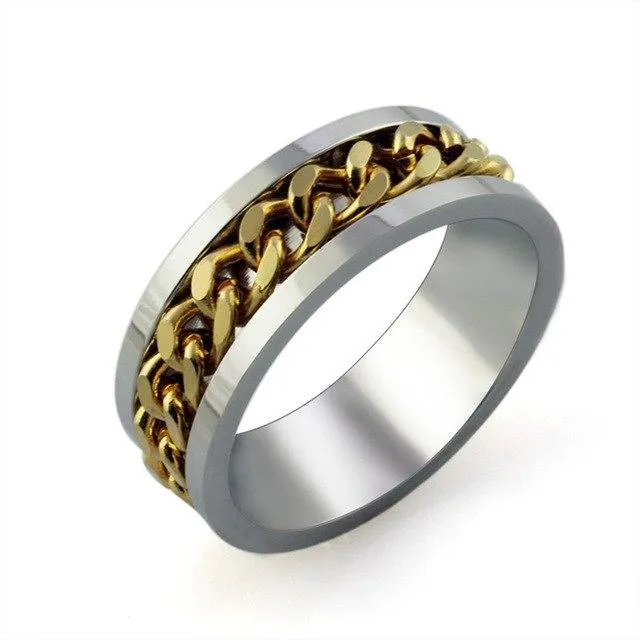 Chain Spinner Ring-Stainless Steel & Titanium Chain Spinner Inset in Gold, Silver or Black Color