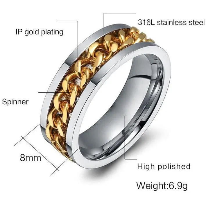 Chain Spinner Ring-Stainless Steel & Titanium Chain Spinner Inset in Gold, Silver or Black Color