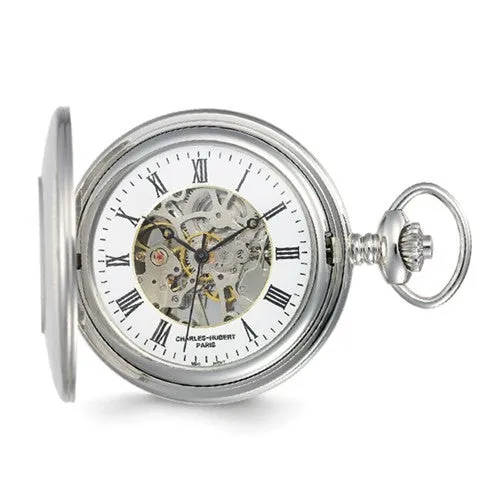 Charles Hubert Solid Stainless Steel White Dial Pocket Watch - Engravable