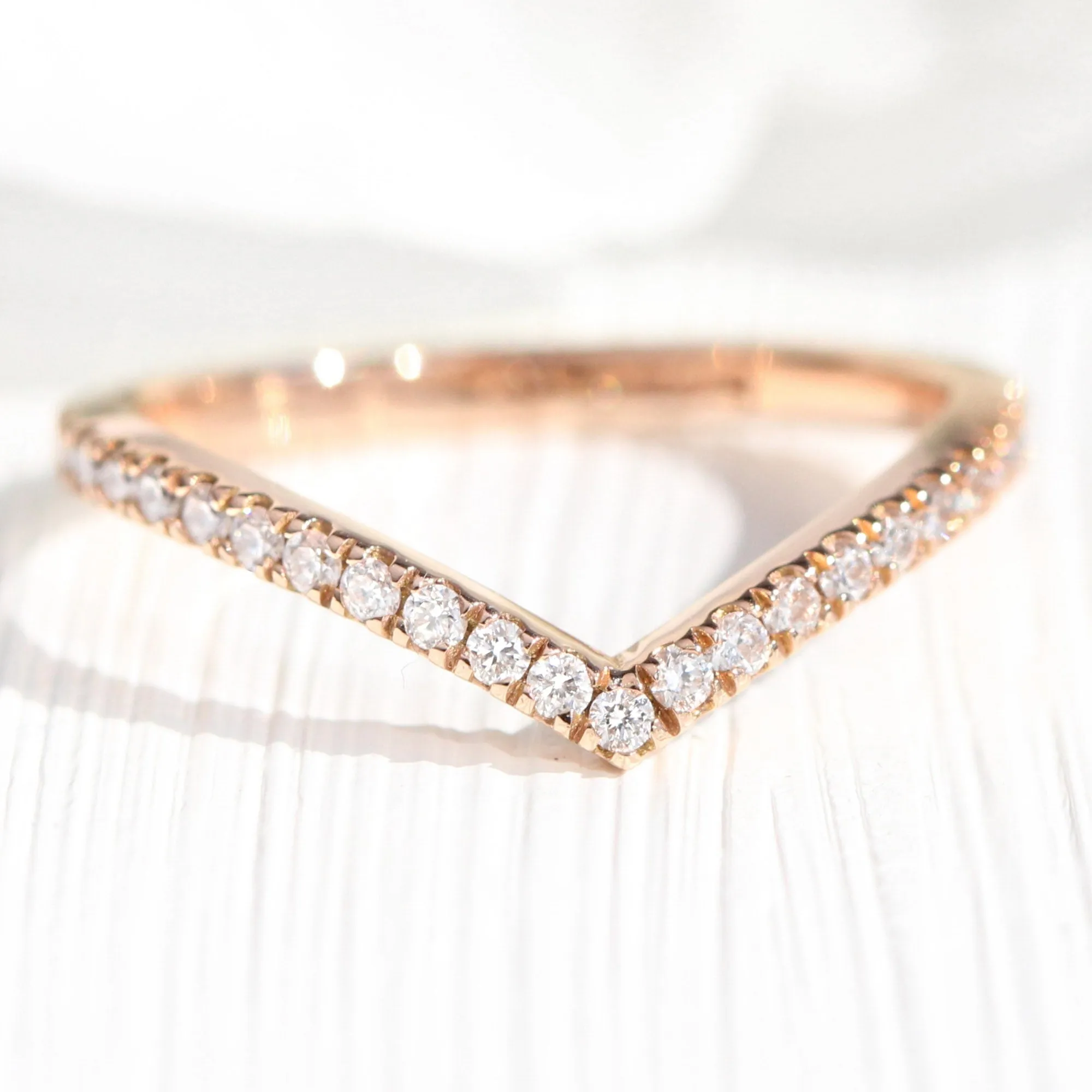 Chevron Diamond Wedding Ring in V Shaped Curved Pave Band