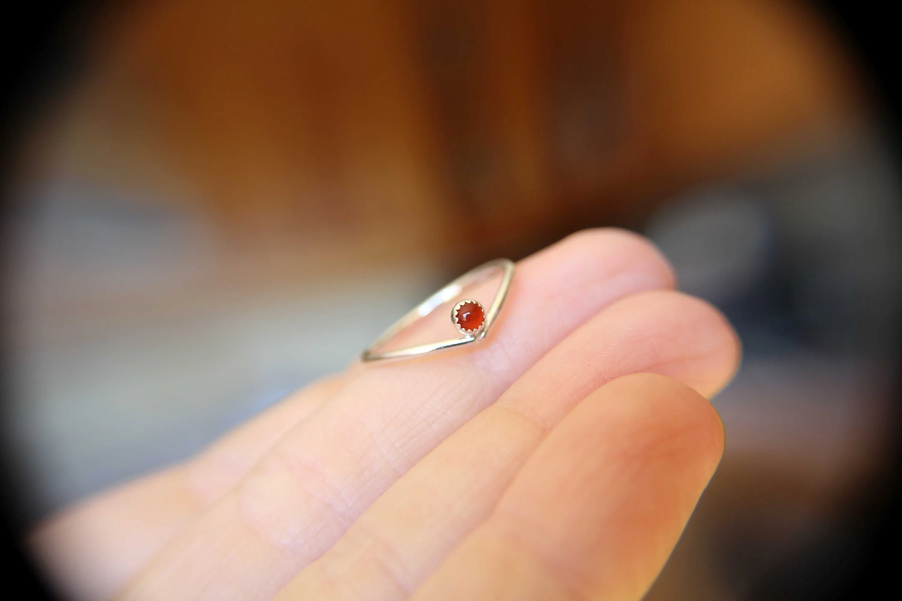 Chevron Ring, Stackable Ring, Birthstone Ring, Dainty Gemstone Ring, Minimalist Stackable Sterling Silver Birthstone Ring, Carnelian, Gift