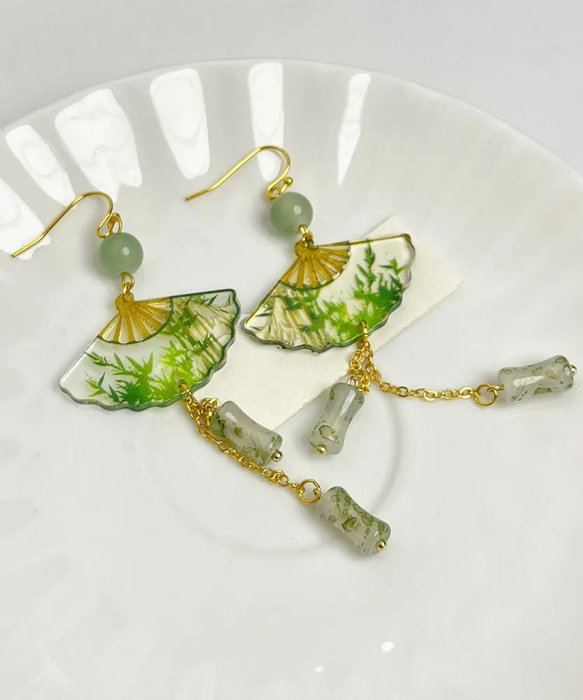 Chinese Style Green Acrylic Alloy Jade Bamboo Fan Tassel Drop Earrings WH039