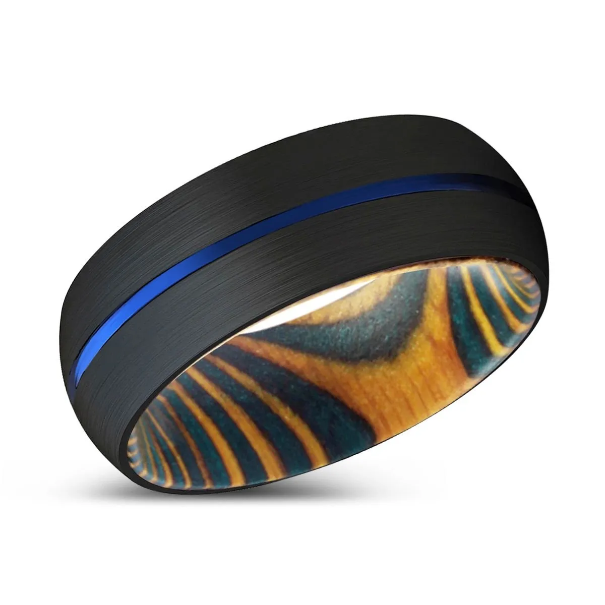 CHRISTIAN | Green & Yellow Wood, Black Tungsten Ring, Blue Groove, Domed