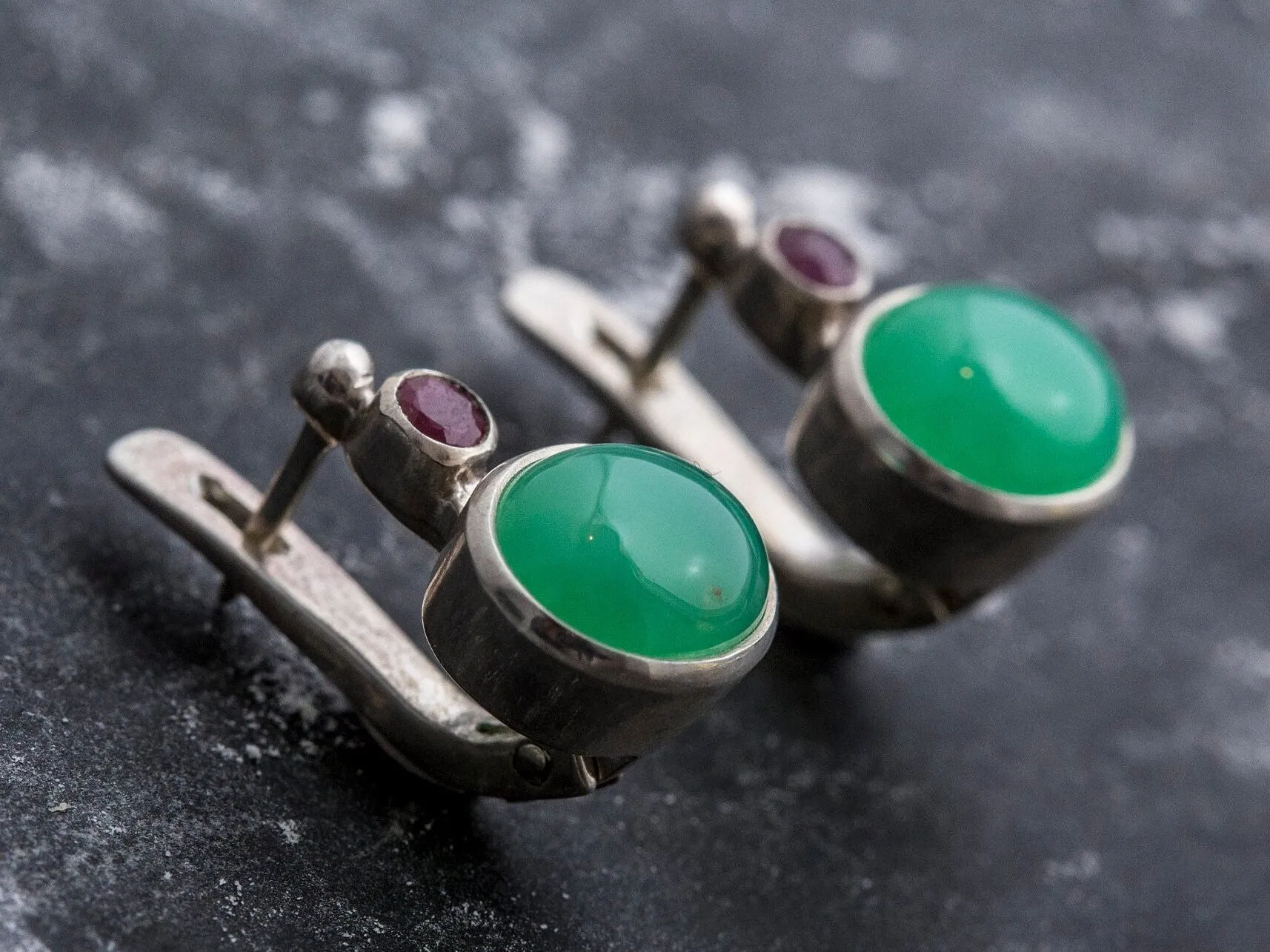 Chrysoprase Vintage Earrings - Two Stone Earrings - Natural Chrysoprase Earrings