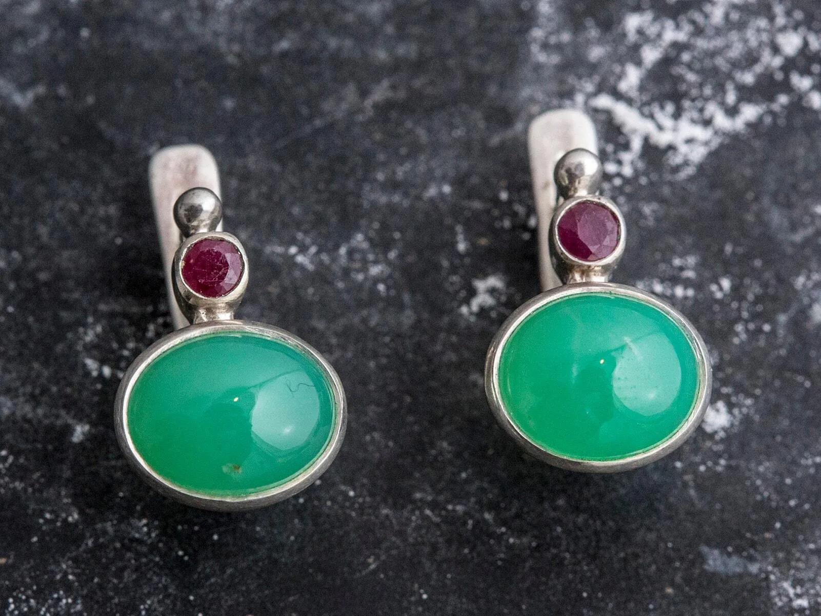 Chrysoprase Vintage Earrings - Two Stone Earrings - Natural Chrysoprase Earrings