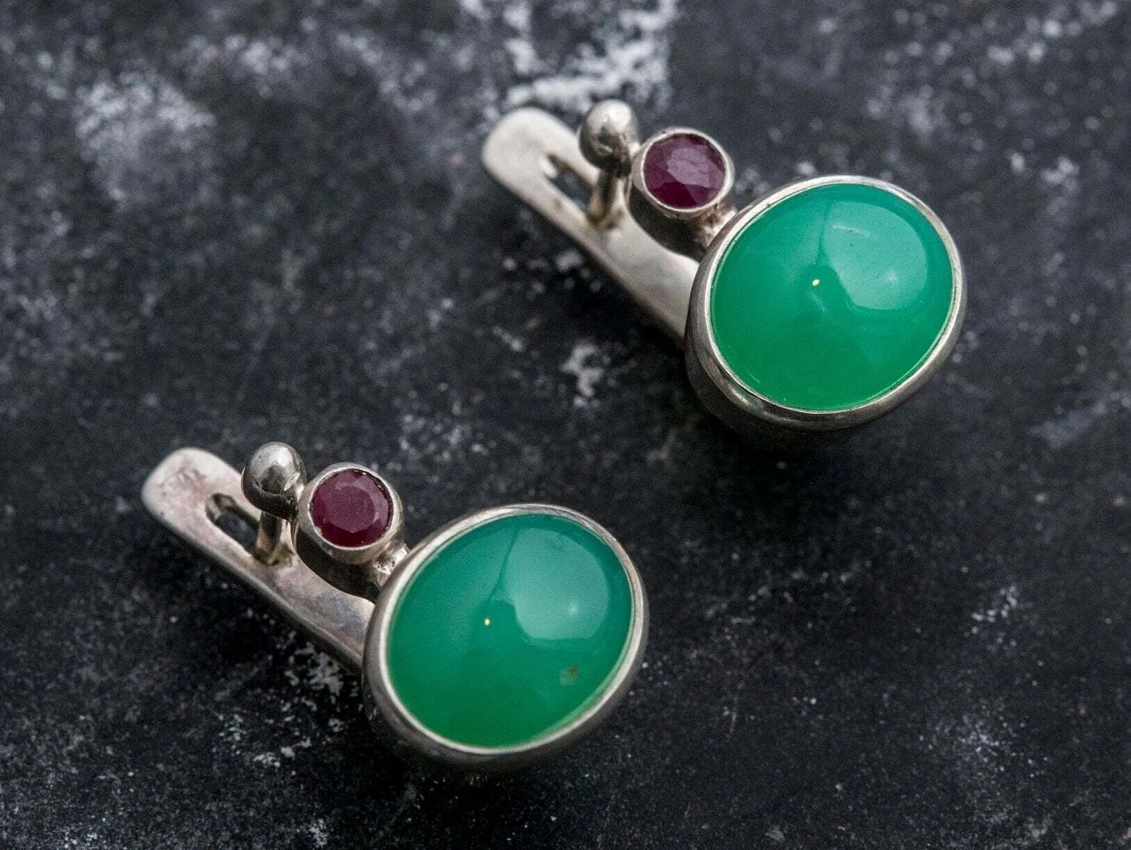 Chrysoprase Vintage Earrings - Two Stone Earrings - Natural Chrysoprase Earrings