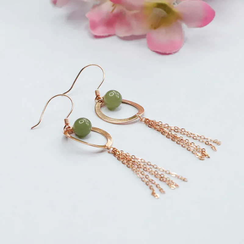 Circular Hollow Tassel Earrings with Sterling Silver and Jade Accents