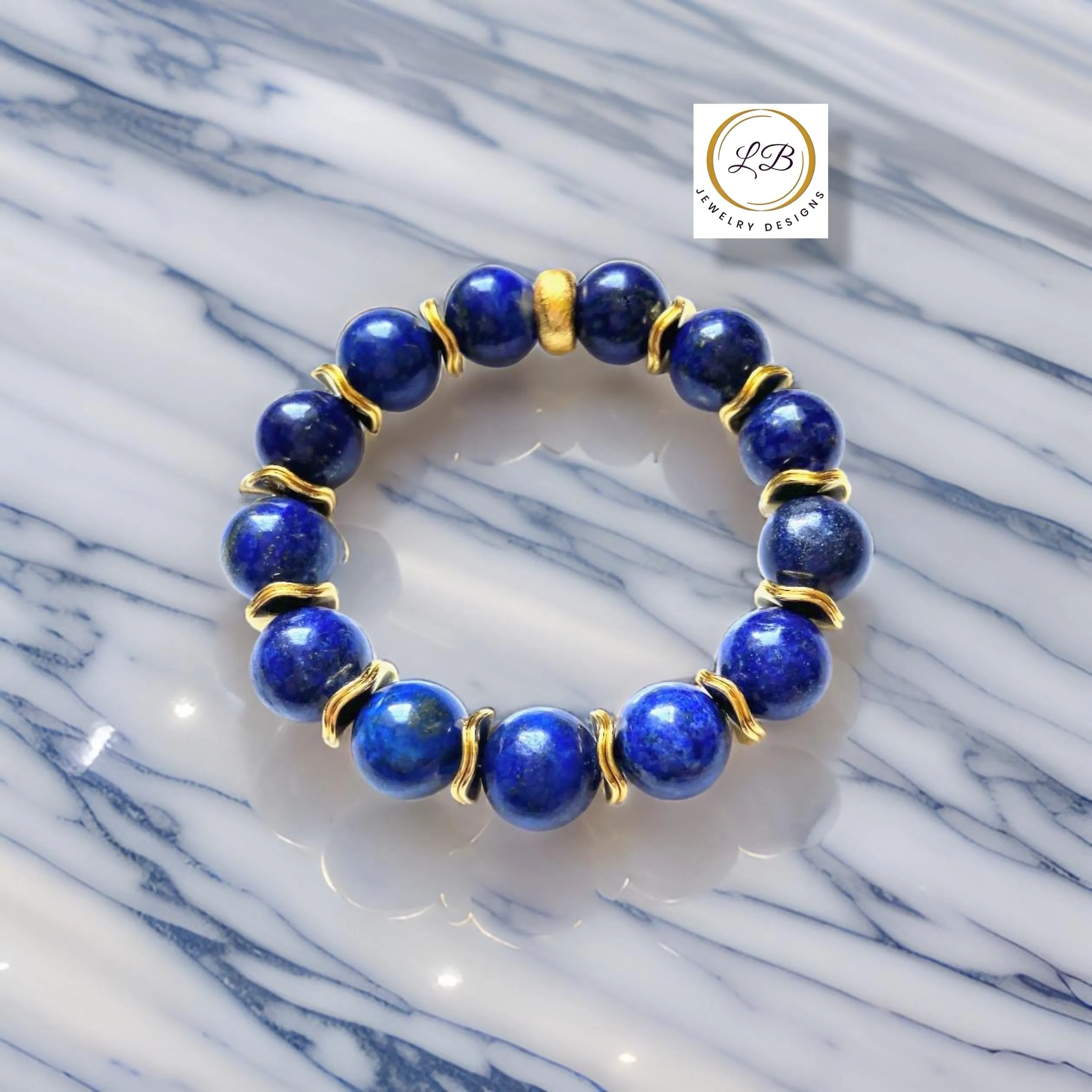 Classic Lapis Lazuli Gemstone Gold Beaded Bracelet