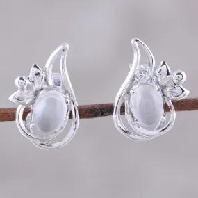 Classic Paisley Rhodium Plated Moonstone Paisley Button Earrings from India