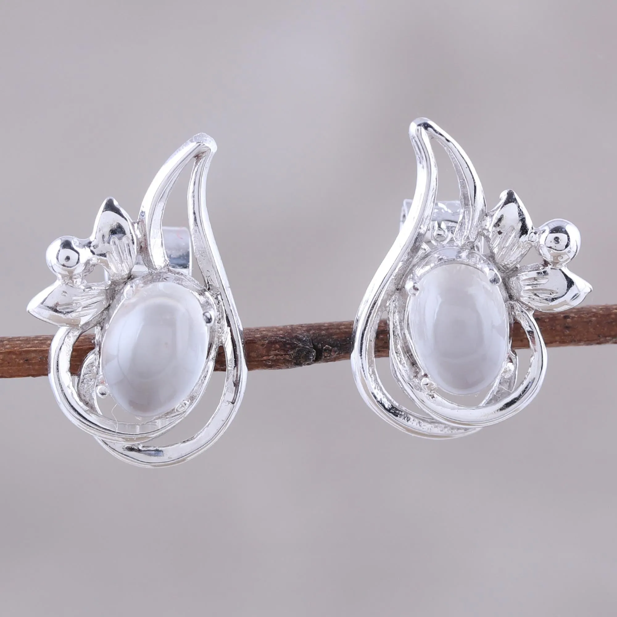 Classic Paisley Rhodium Plated Moonstone Paisley Button Earrings from India