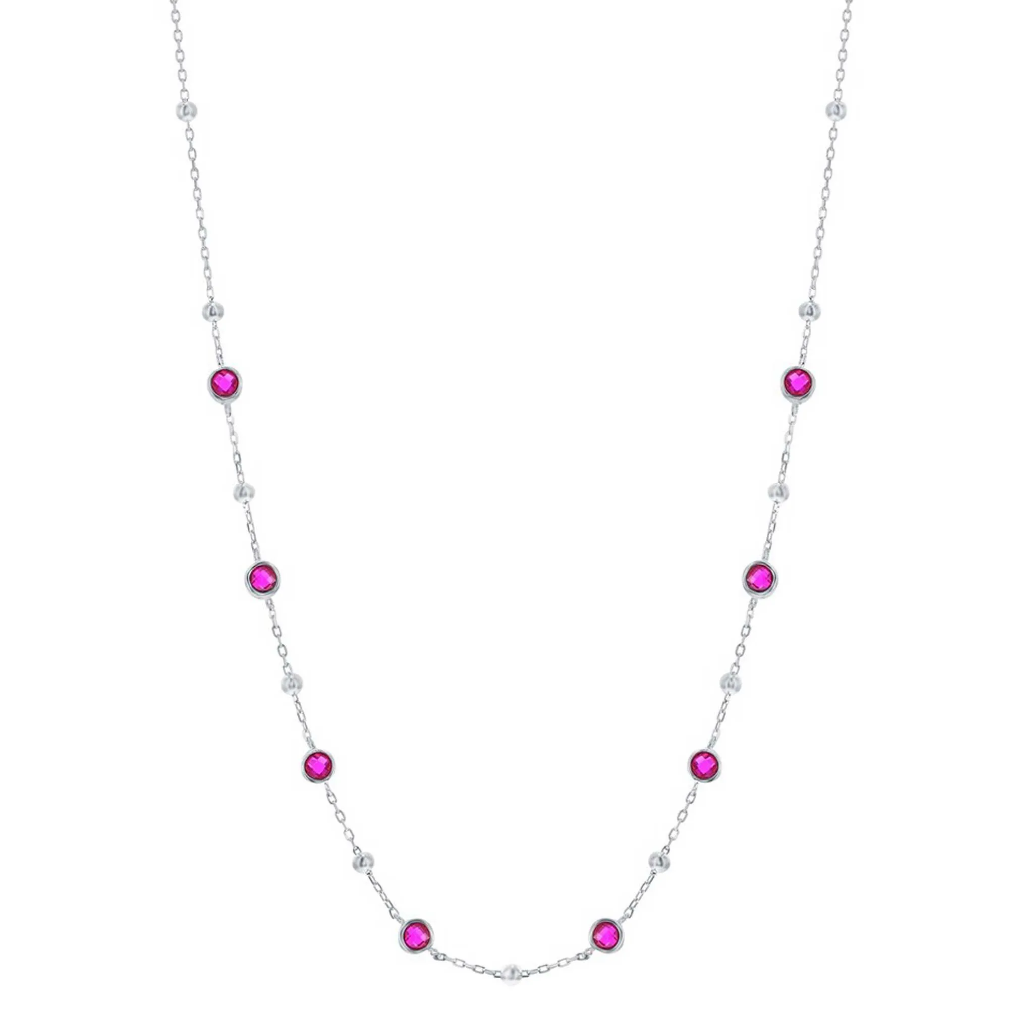 Classic Women's Necklace - Silver Bezel Set Ruby CZ and Bead Station | M-7076-16