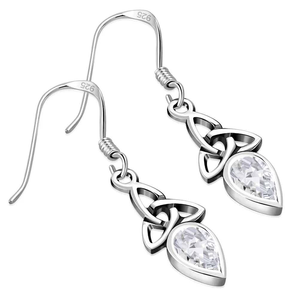 Clear CZ Celtic Trinity Silver Earrings