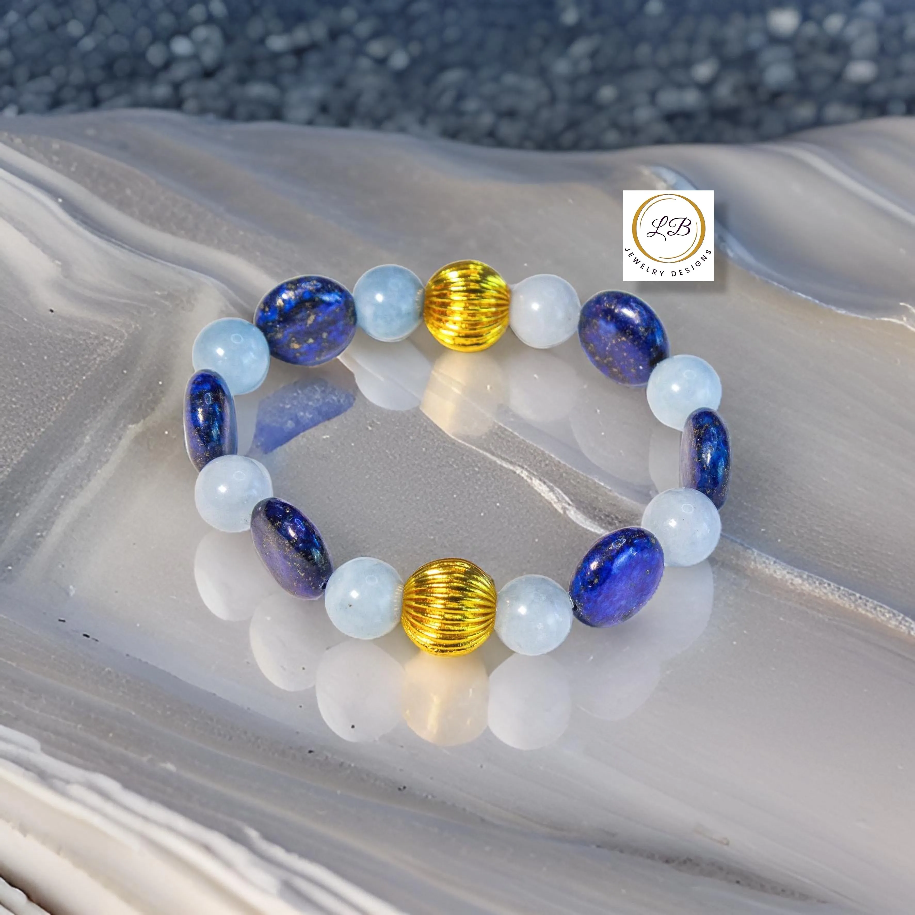 Coin-Shaped Lapis Lazuli & Aquamarine Gemstone Beaded Bracelet