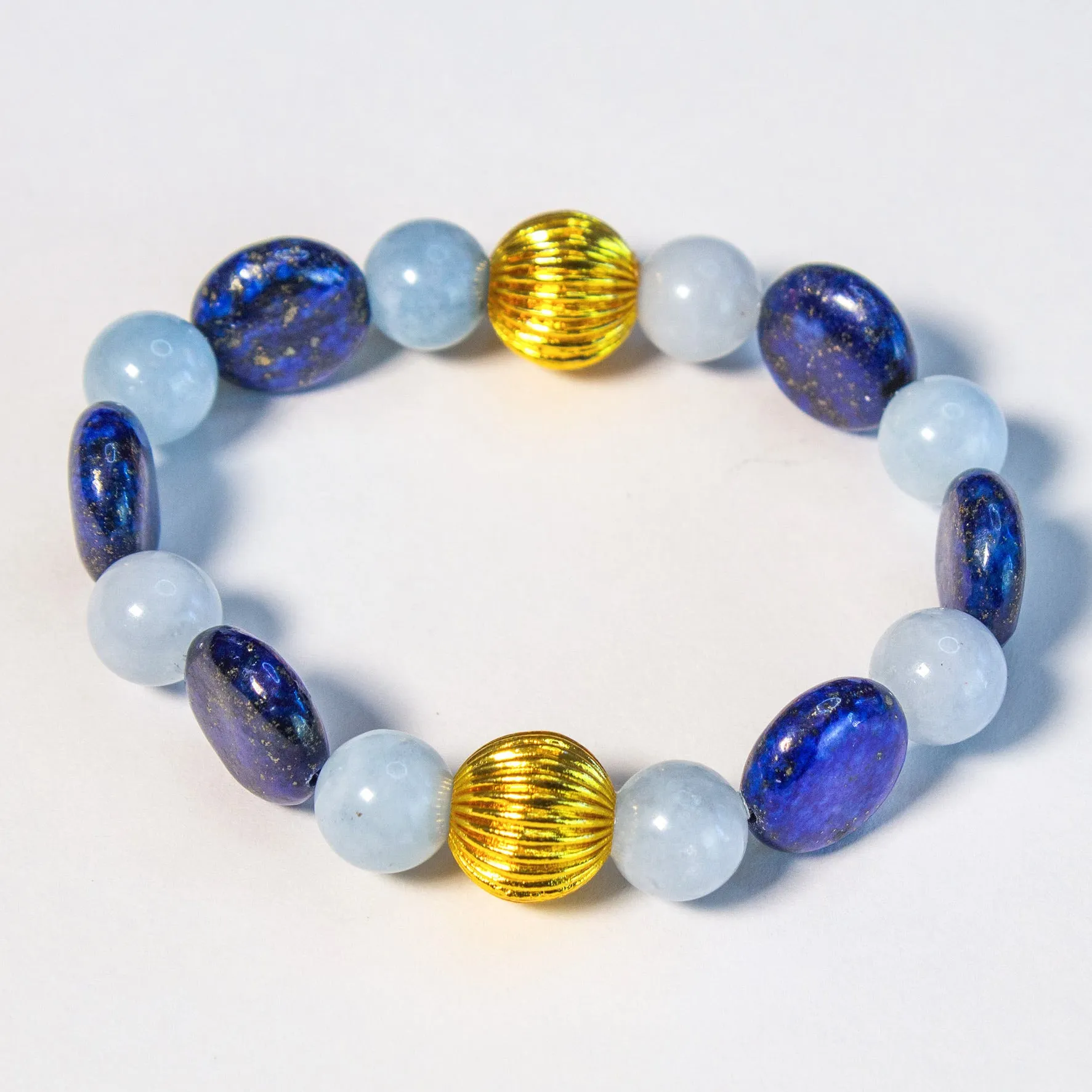 Coin-Shaped Lapis Lazuli & Aquamarine Gemstone Beaded Bracelet