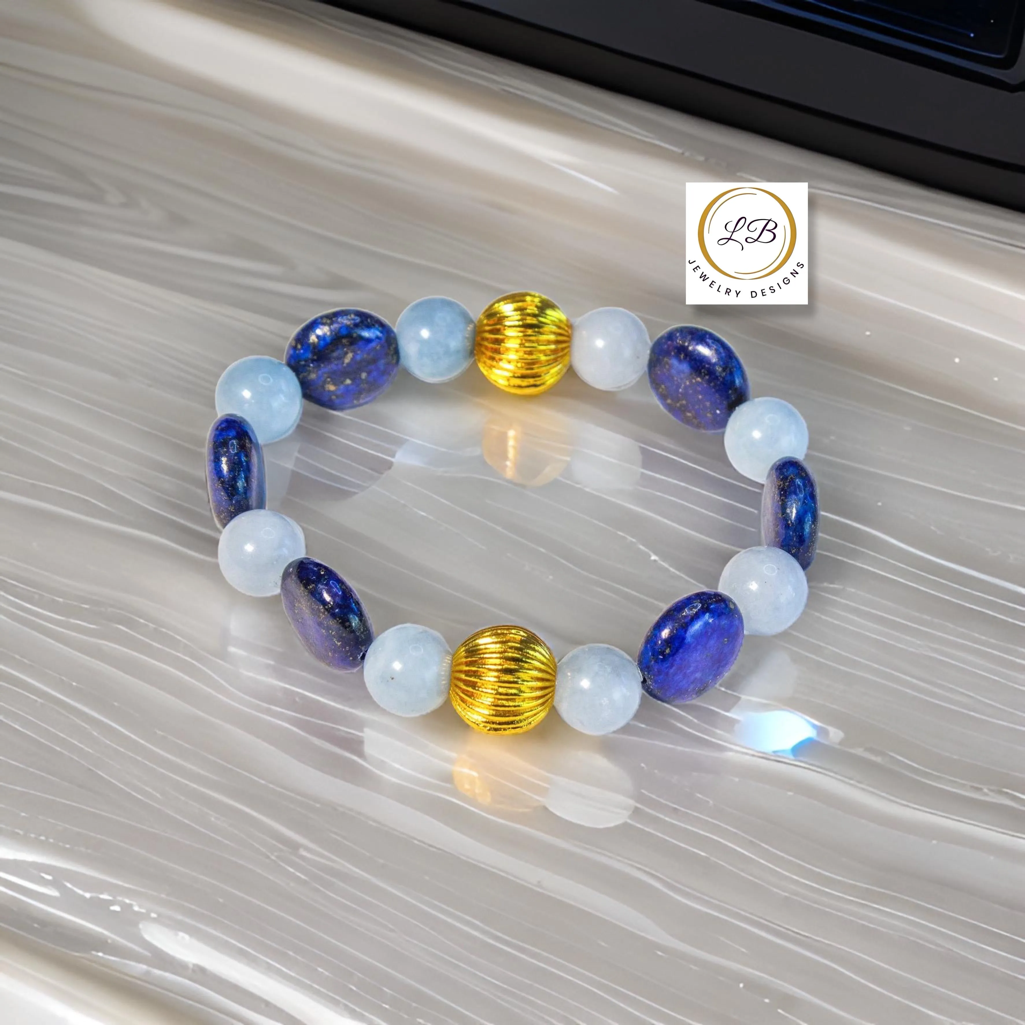 Coin-Shaped Lapis Lazuli & Aquamarine Gemstone Beaded Bracelet