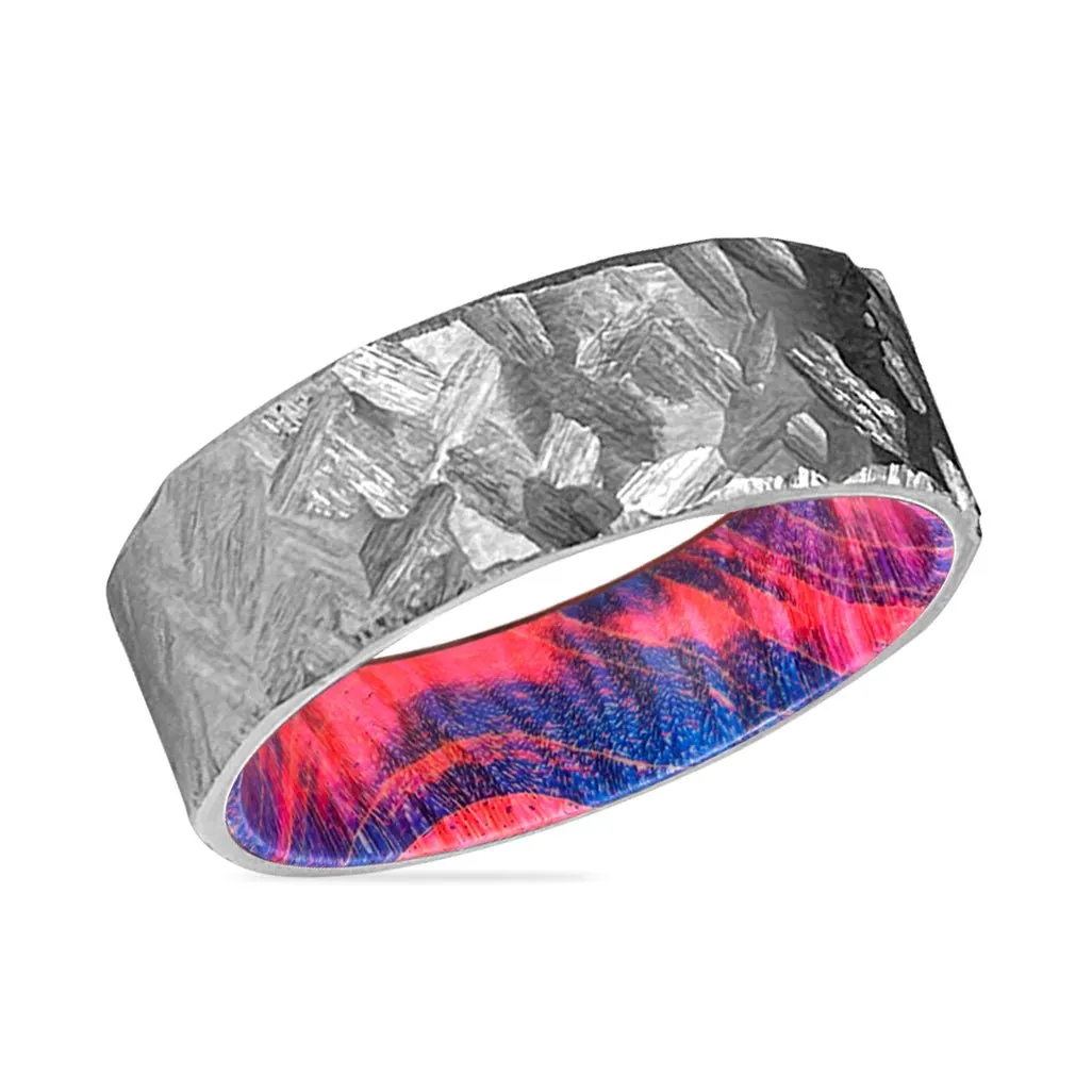 CREST | Blue and Red Wood, Silver Titanium Ring, Hammered, Flat