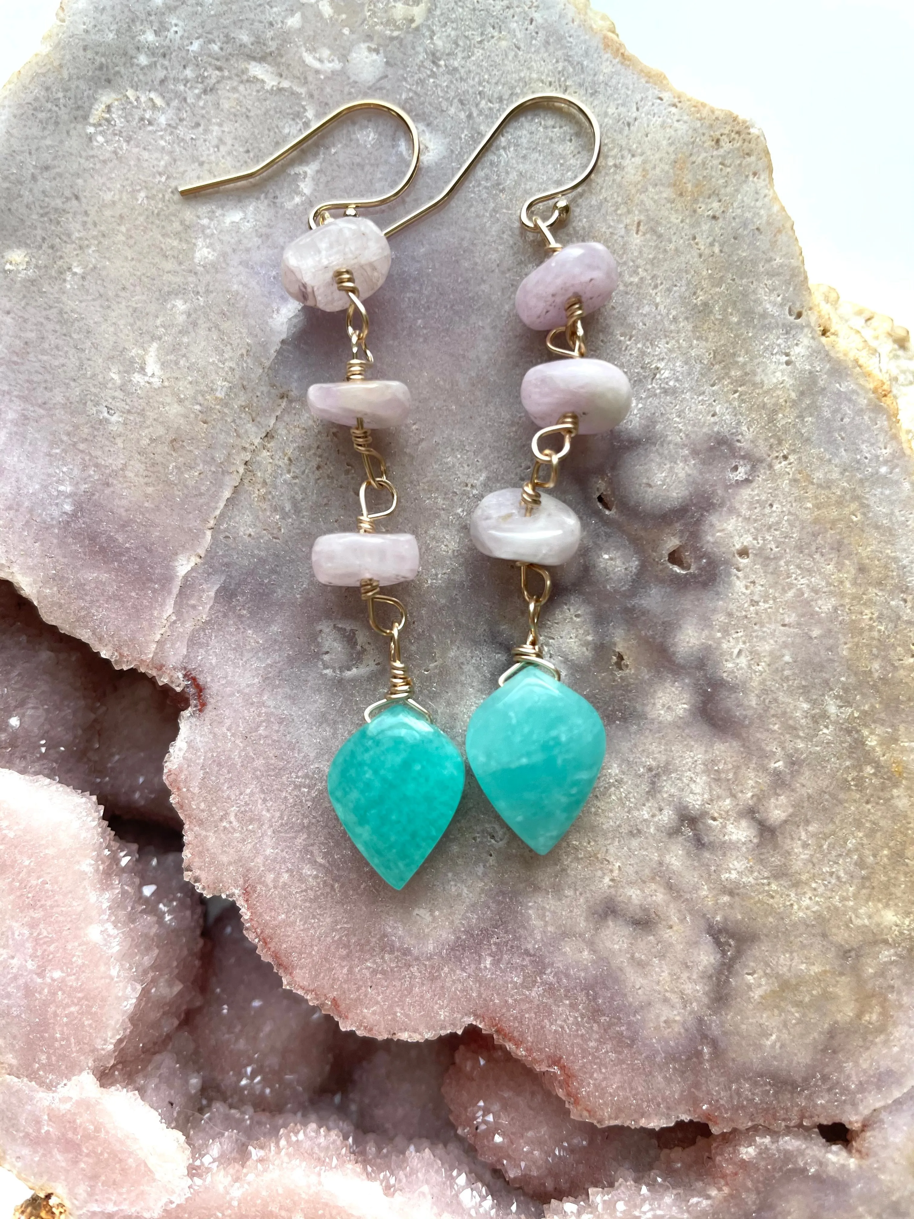 Crystal Earrings - Kunzite and Amazonite Gold Filled