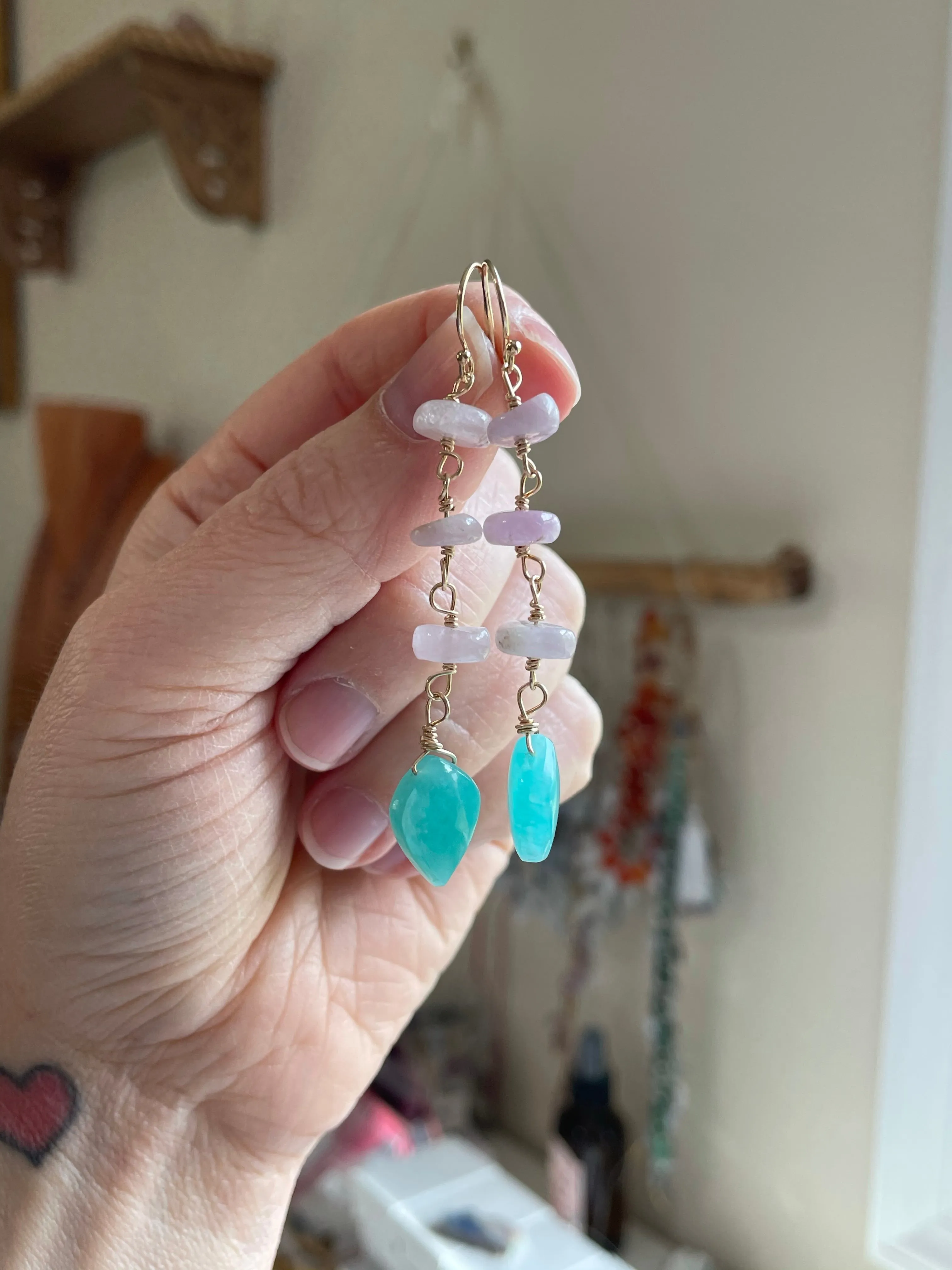 Crystal Earrings - Kunzite and Amazonite Gold Filled