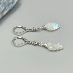 Crystal Leaf Moonstone earrings dangle, Sterling Silver