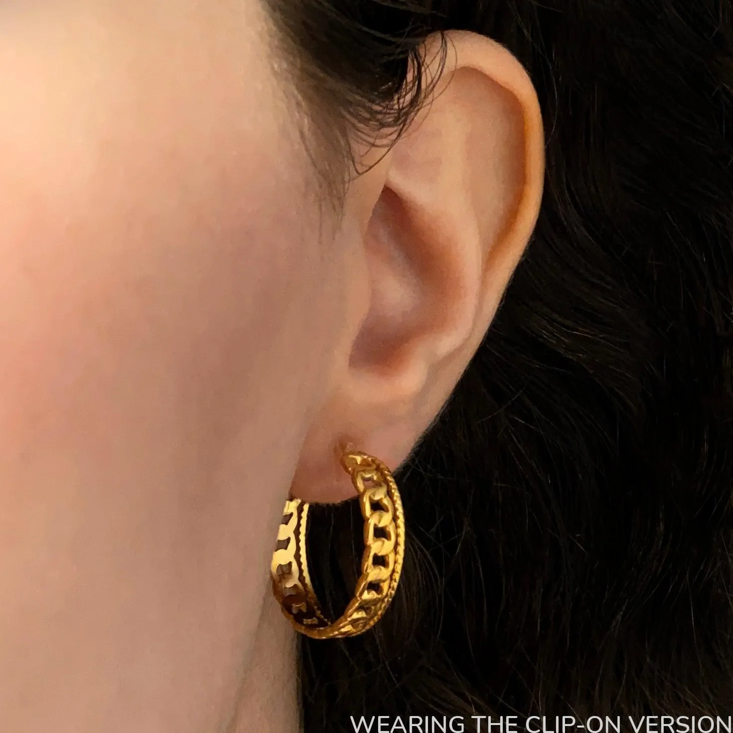 CUBAN CHAIN HOOP CLIP-ON EARRINGS IN GOLD