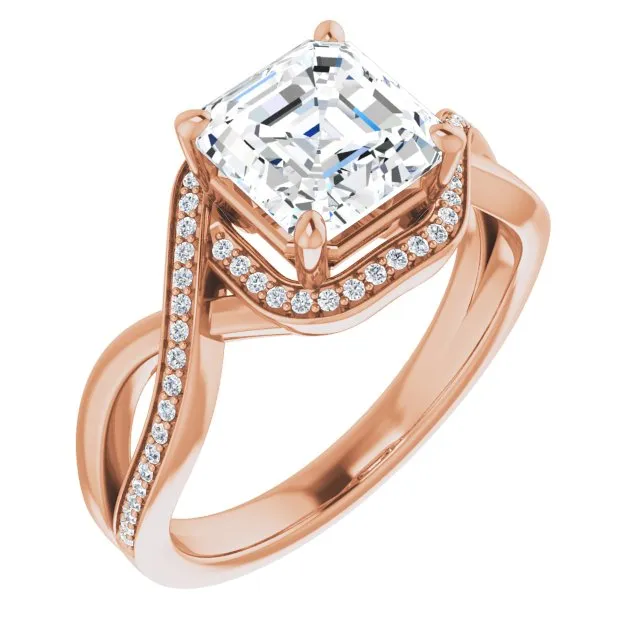 Cubic Zirconia Engagement Ring- The Ananya (Customizable Bypass-Halo-Accented Asscher Cut Center with Twisting Split Shared Prong Band)