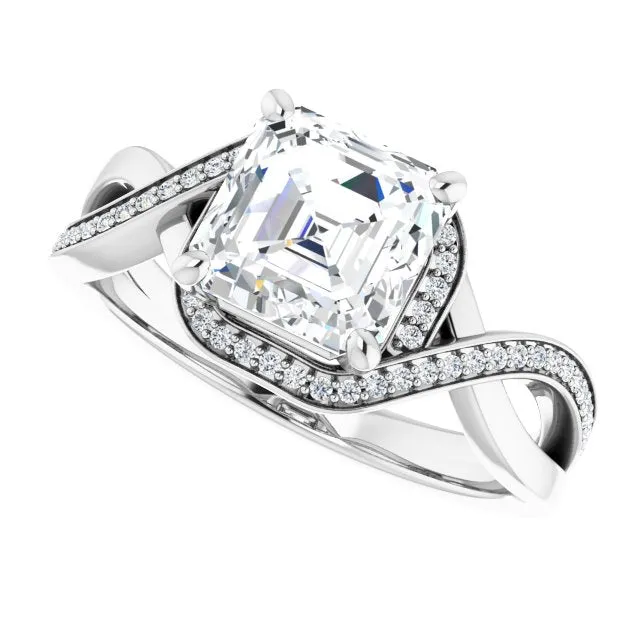 Cubic Zirconia Engagement Ring- The Ananya (Customizable Bypass-Halo-Accented Asscher Cut Center with Twisting Split Shared Prong Band)