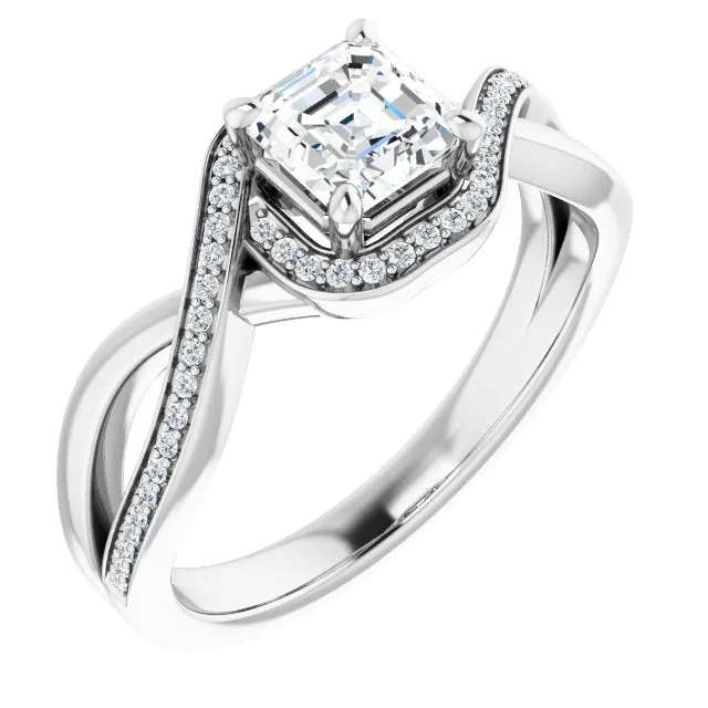 Cubic Zirconia Engagement Ring- The Ananya (Customizable Bypass-Halo-Accented Asscher Cut Center with Twisting Split Shared Prong Band)