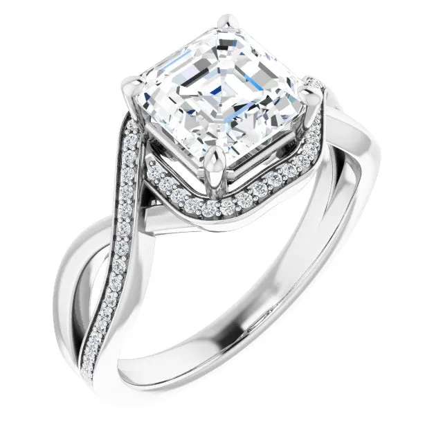 Cubic Zirconia Engagement Ring- The Ananya (Customizable Bypass-Halo-Accented Asscher Cut Center with Twisting Split Shared Prong Band)