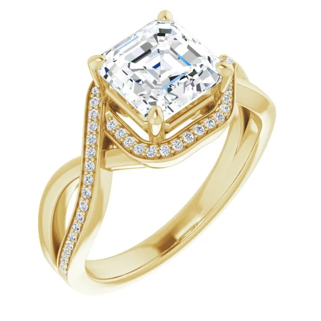 Cubic Zirconia Engagement Ring- The Ananya (Customizable Bypass-Halo-Accented Asscher Cut Center with Twisting Split Shared Prong Band)