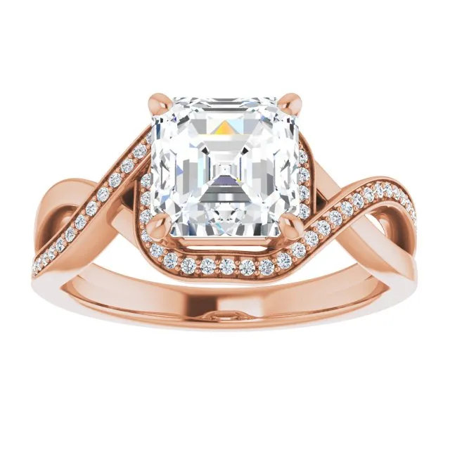 Cubic Zirconia Engagement Ring- The Ananya (Customizable Bypass-Halo-Accented Asscher Cut Center with Twisting Split Shared Prong Band)