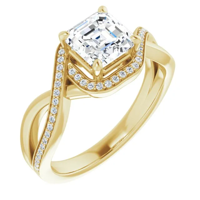 Cubic Zirconia Engagement Ring- The Ananya (Customizable Bypass-Halo-Accented Asscher Cut Center with Twisting Split Shared Prong Band)