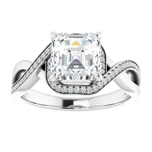 Cubic Zirconia Engagement Ring- The Ananya (Customizable Bypass-Halo-Accented Asscher Cut Center with Twisting Split Shared Prong Band)