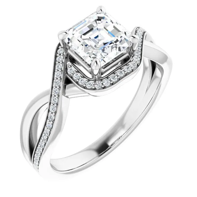 Cubic Zirconia Engagement Ring- The Ananya (Customizable Bypass-Halo-Accented Asscher Cut Center with Twisting Split Shared Prong Band)