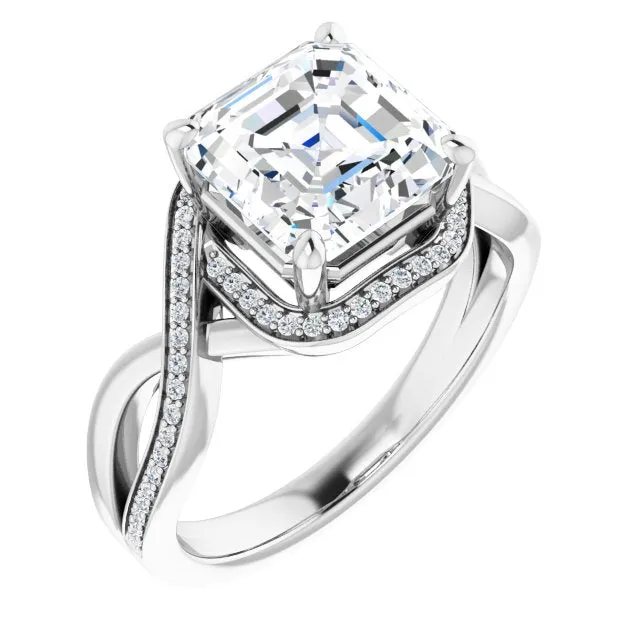 Cubic Zirconia Engagement Ring- The Ananya (Customizable Bypass-Halo-Accented Asscher Cut Center with Twisting Split Shared Prong Band)