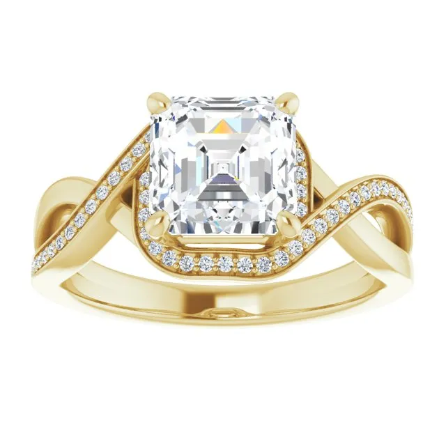 Cubic Zirconia Engagement Ring- The Ananya (Customizable Bypass-Halo-Accented Asscher Cut Center with Twisting Split Shared Prong Band)