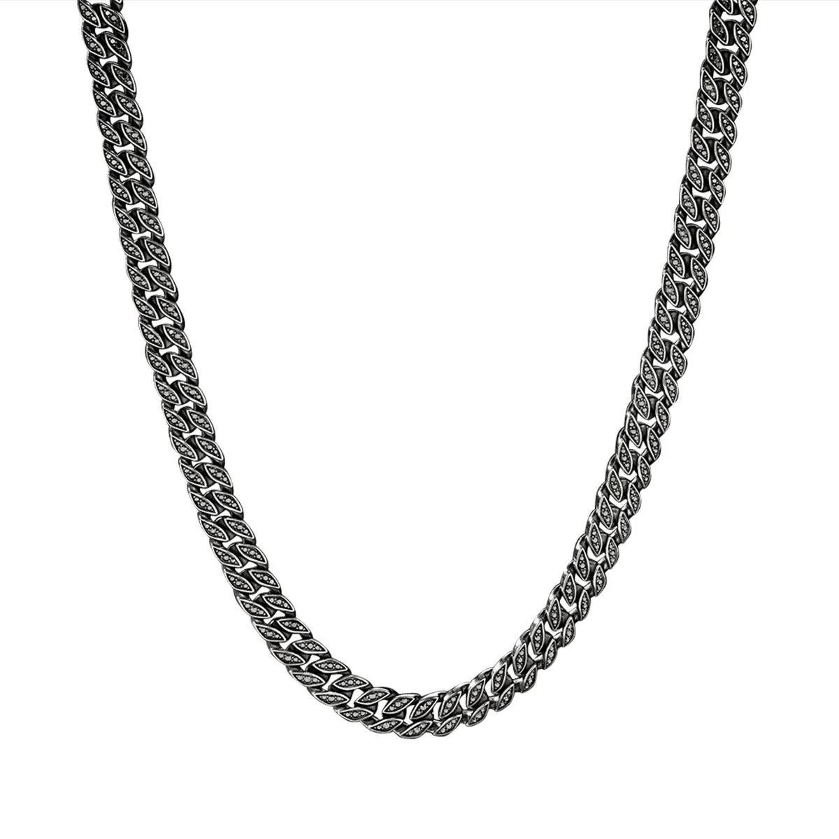 Curb Chain Necklace in Sterling Silver with Pave Black Diamonds