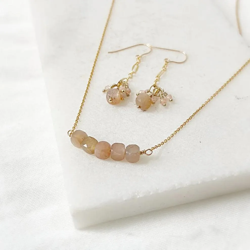 Dainty Gemstone Golden Drop Earrings & Necklace Set