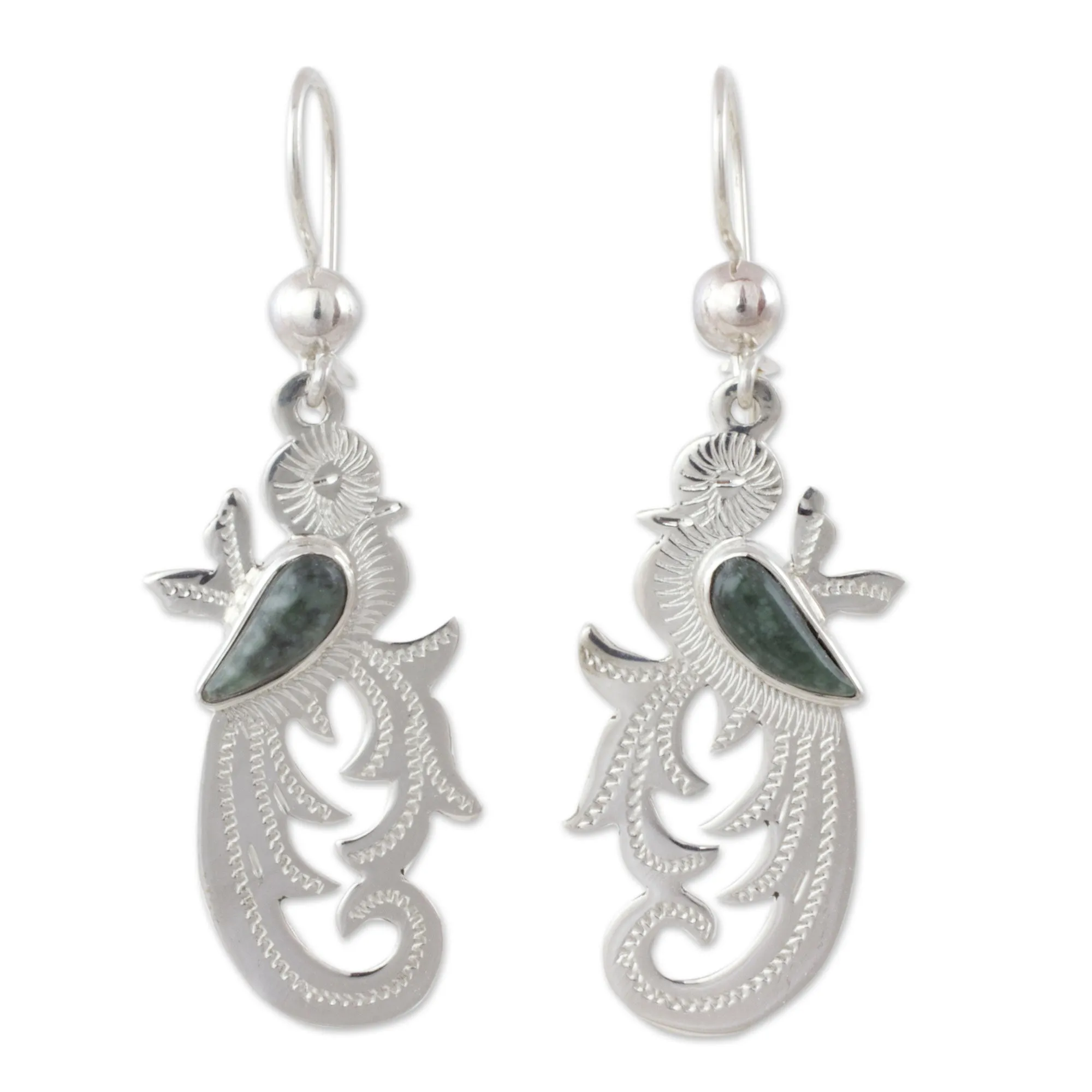 Dark Green Jade on Handmade Sterling Silver Bird Earrings - Forest Quetzal | NOVICA