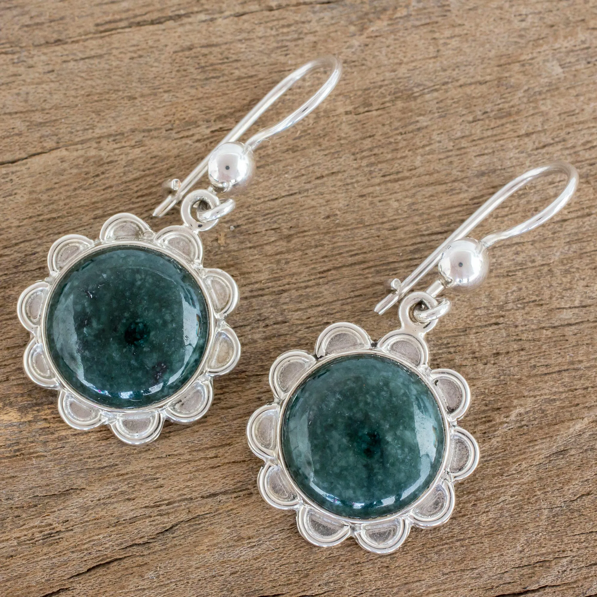 Dark Green Solar Flower Dark Green Jade Dangle Earrings from Guatemala