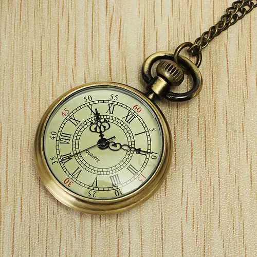 DEFFRUN Vintage Bronze Roman Number Chain Pocket Watch