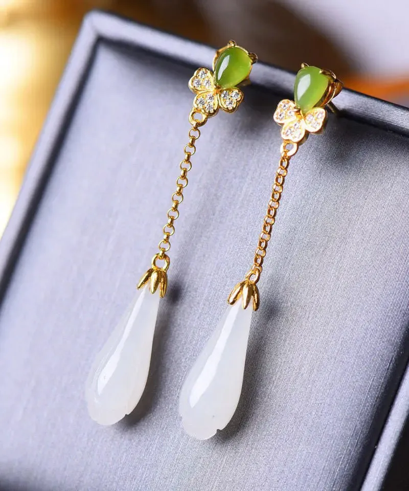 DIY Green Sterling Silver Inlaid Jade Zircon Tassel Drop Earrings LY8553