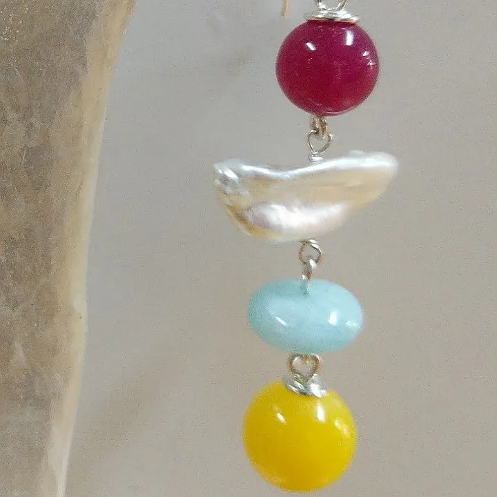 EARRINGS JADE AGATE FRESHWATER BIWA PEARL STERLING SILVER HOOKS