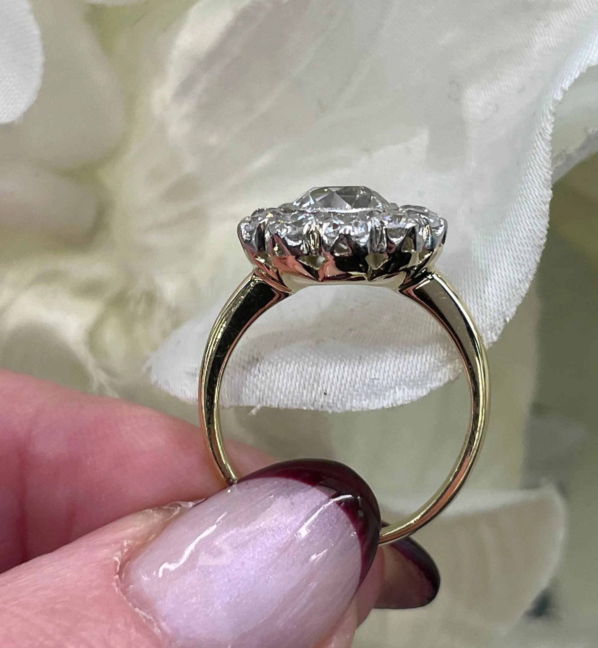 Edwardian GIA 3.17ctw Antique OLD EUROPEAN Diamond Cluster 18K Gold Platinum Ring