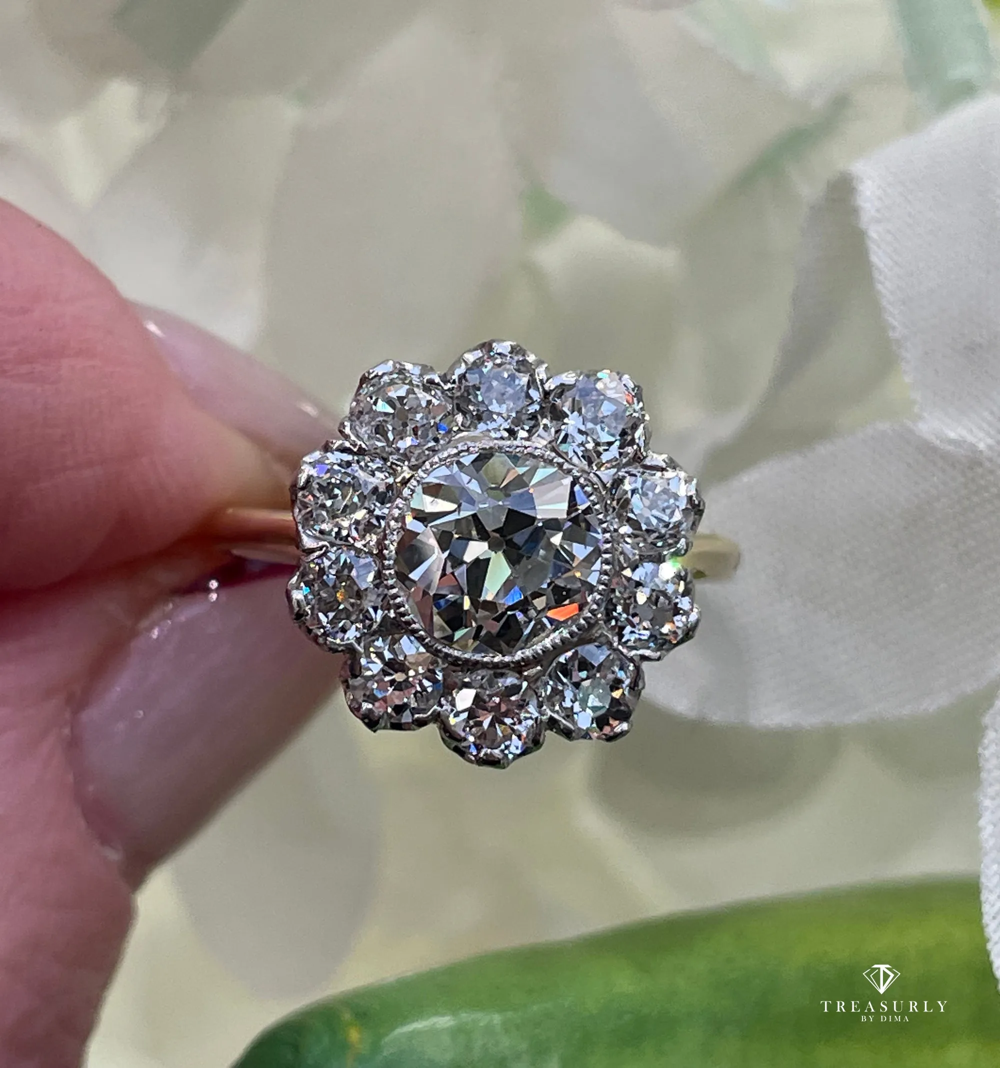 Edwardian GIA 3.17ctw Antique OLD EUROPEAN Diamond Cluster 18K Gold Platinum Ring