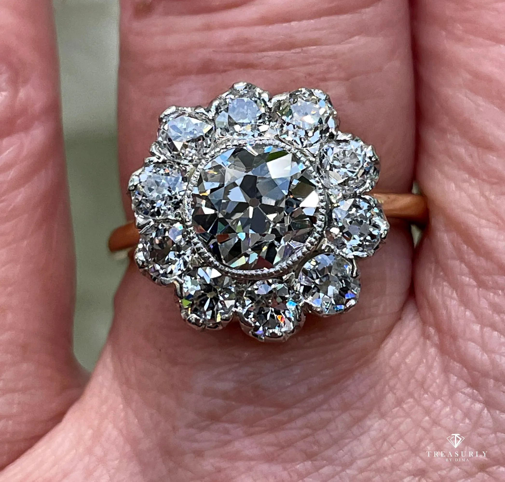 Edwardian GIA 3.17ctw Antique OLD EUROPEAN Diamond Cluster 18K Gold Platinum Ring